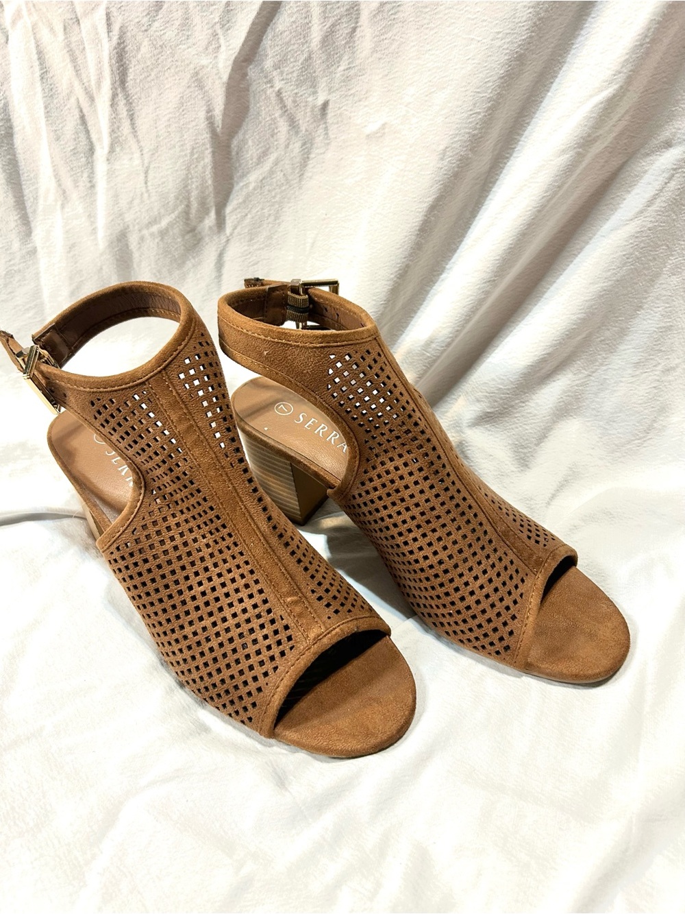 Serra Tan Perforated Peep-Toe Block Heel Sandals